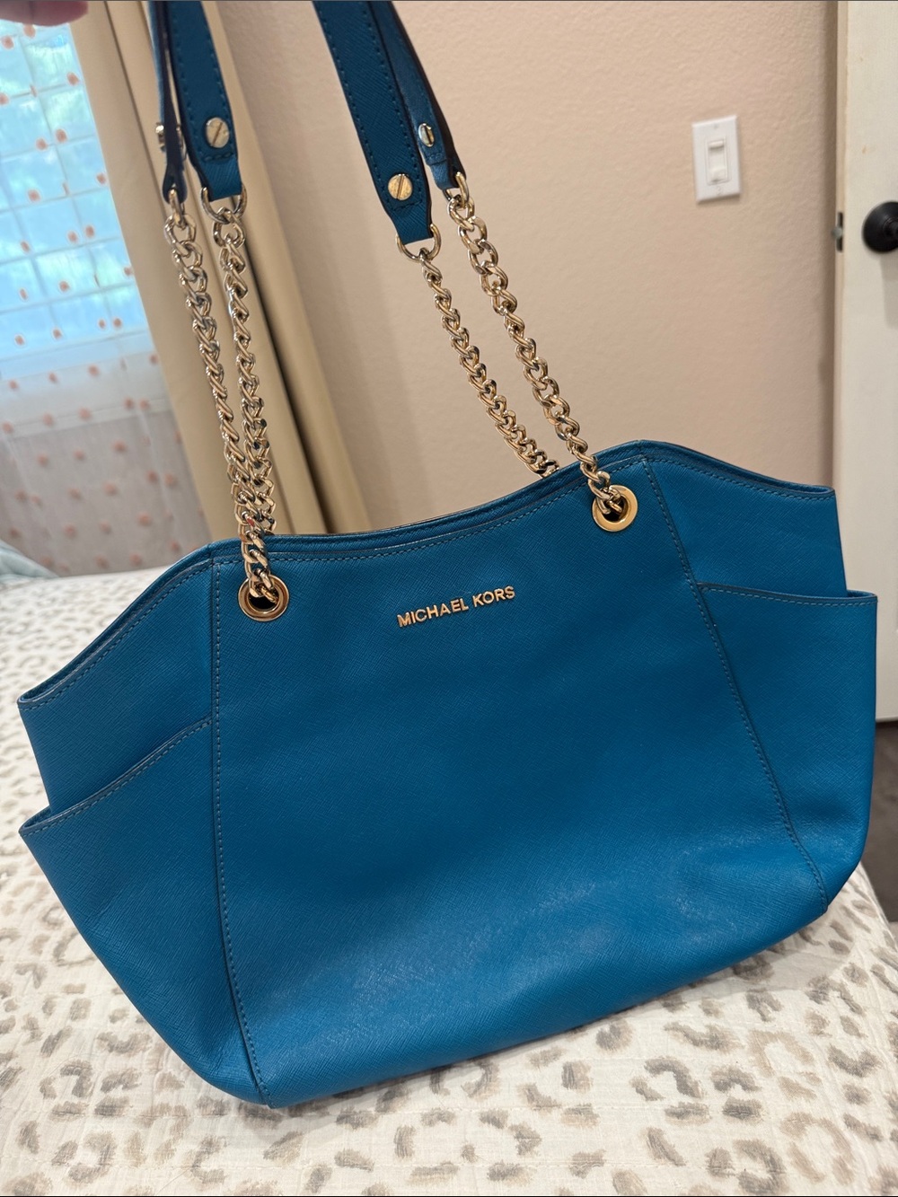 Michael Kors Blue Saffiano Chain-Handle Tote